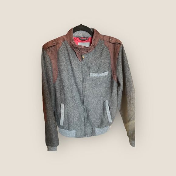 Slate & Stone Poly Wool Blend Jacket Gray Herringbone W/Brown Accents Mens Small - Picture 7 of 16